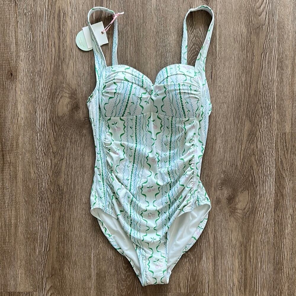NWT Sweet Honey Ruched One Piece Swimsuit Pastel Cherry Print Size Medium